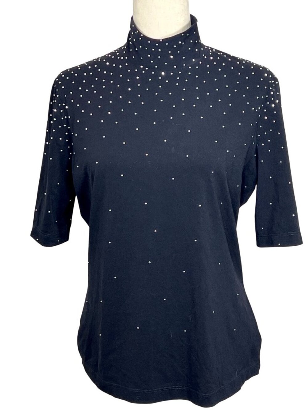 ST. JOHN Mock Neck Silver Sequined Pullover Black Sz M NWOT
